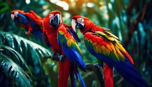 colorful parrots in rainforest